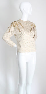 "Golden Bows" Vintage 1950's Cream Bead & Sequin Embellished Cardigan UK 12-14 US 8-10