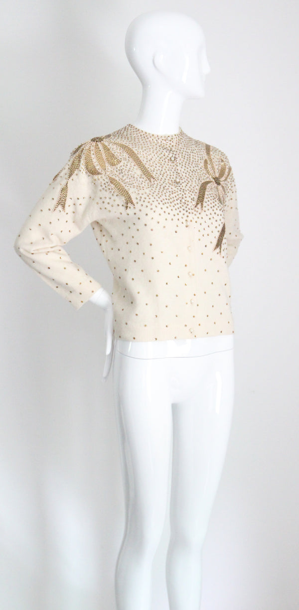 "Golden Bows" Vintage 1950's Cream Bead & Sequin Embellished Cardigan UK 12-14 US 8-10