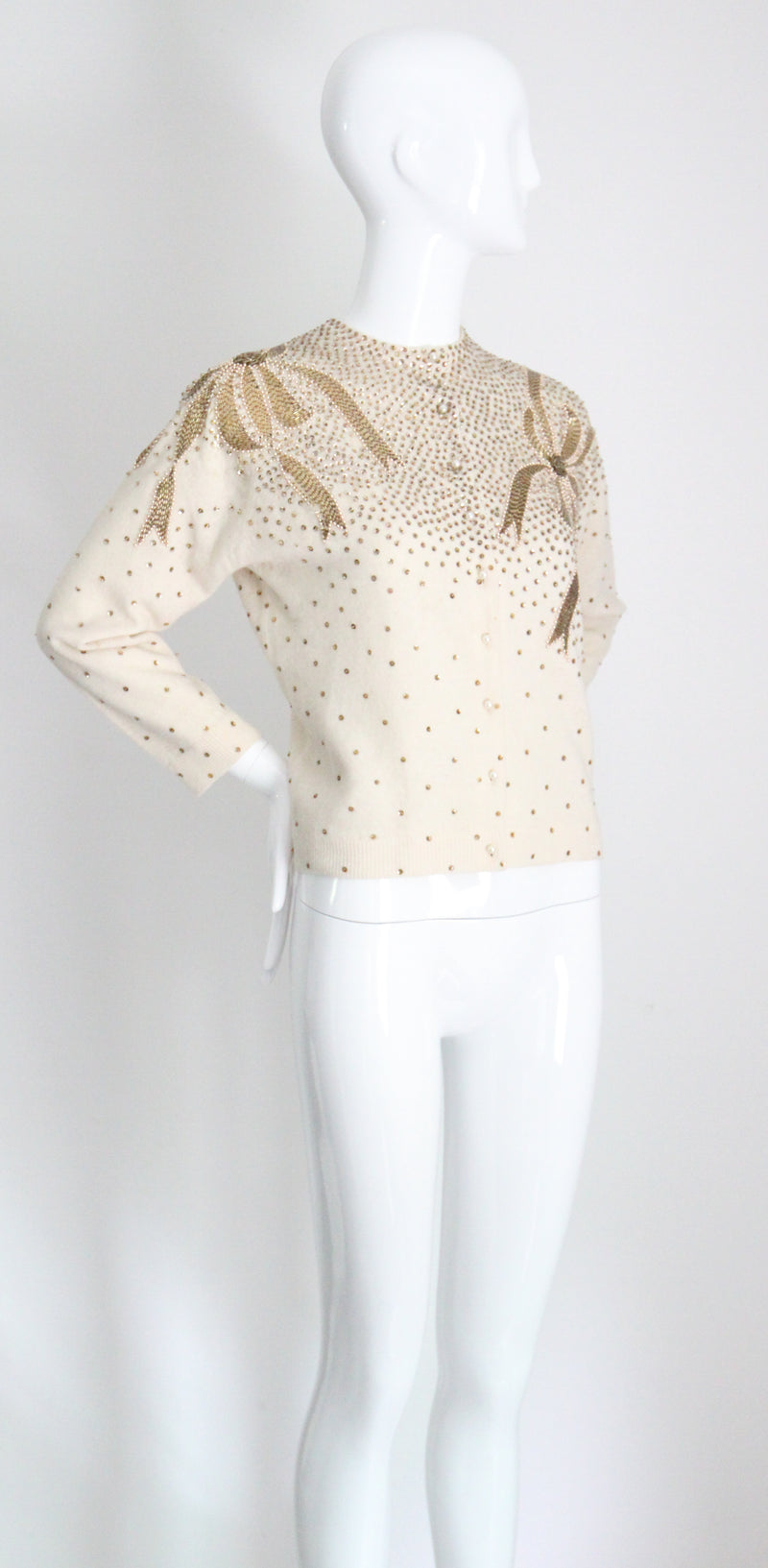 "Golden Bows" Vintage 1950's Cream Bead & Sequin Embellished Cardigan UK 12-14 US 8-10