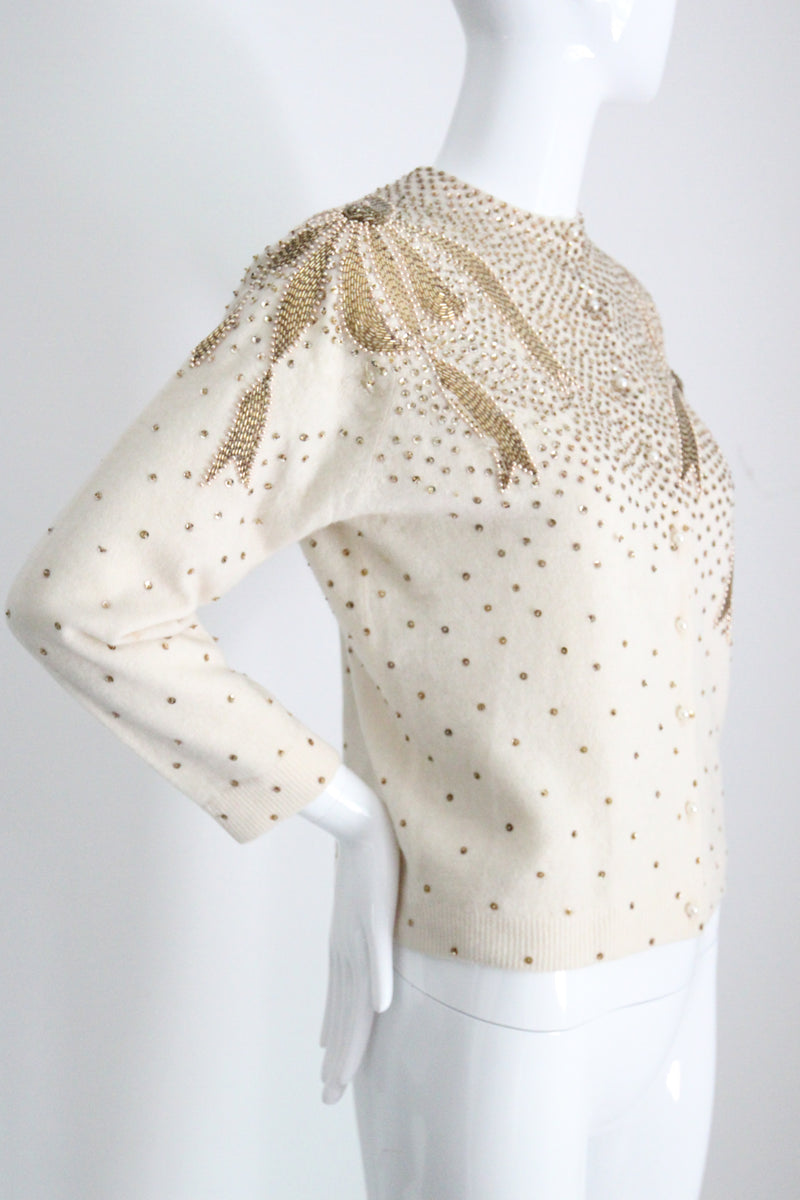 "Golden Bows" Vintage 1950's Cream Bead & Sequin Embellished Cardigan UK 12-14 US 8-10
