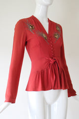 "Sequin Rays" Vintage 1930's Crepe Silk Beaded Blouse UK 8 US 4