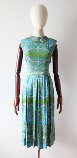 "Aqua Paisley" Vintage 1960's Aqua Paisley Cotton Dress UK 10 US 6