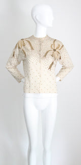"Golden Bows" Vintage 1950's Cream Bead & Sequin Embellished Cardigan UK 12-14 US 8-10