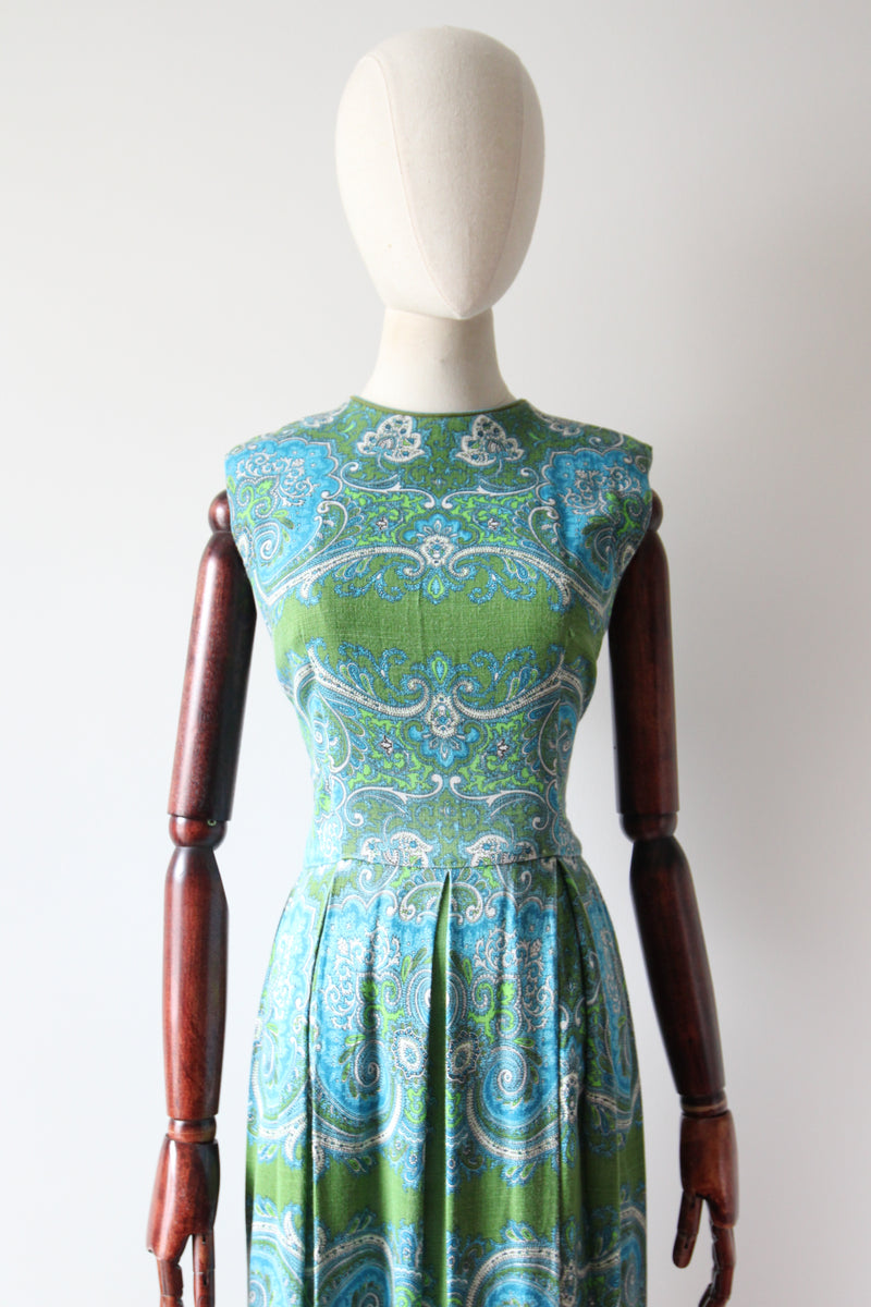 "Aqua Paisley" Vintage 1960's Aqua Paisley Cotton Dress UK 10 US 6