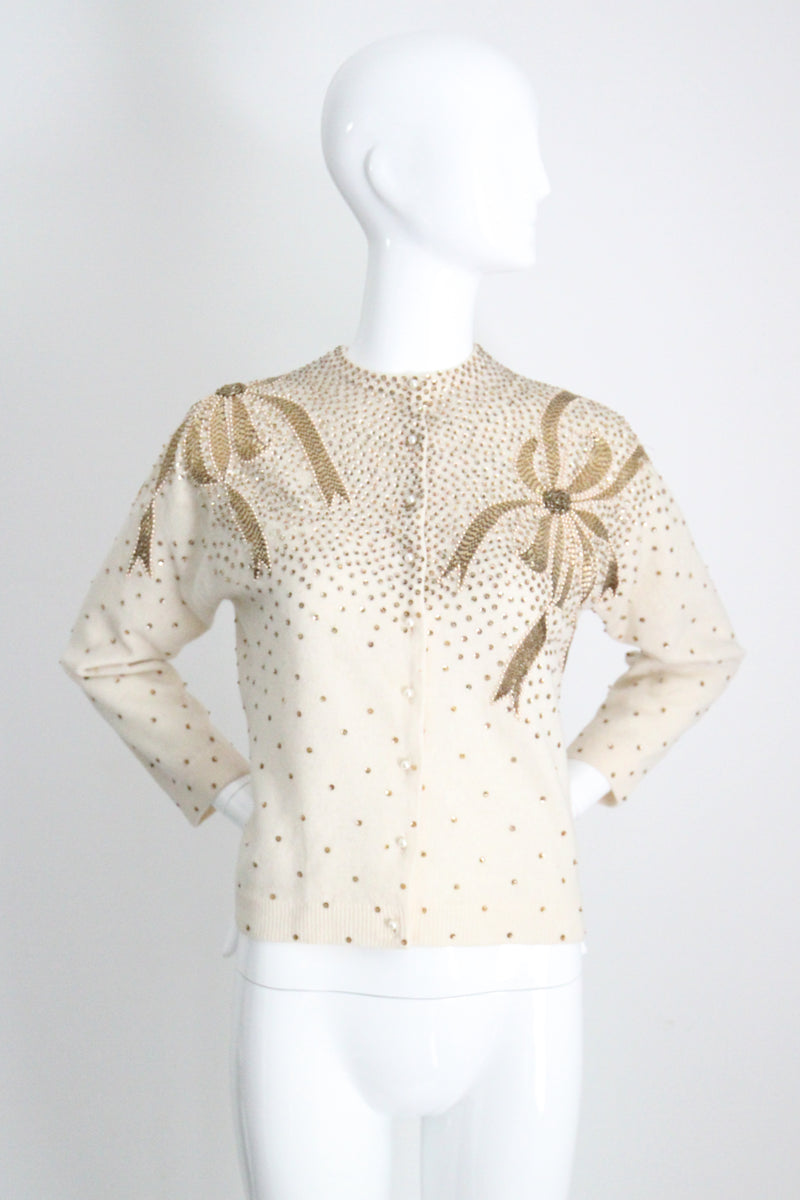 "Golden Bows" Vintage 1950's Cream Bead & Sequin Embellished Cardigan UK 12-14 US 8-10