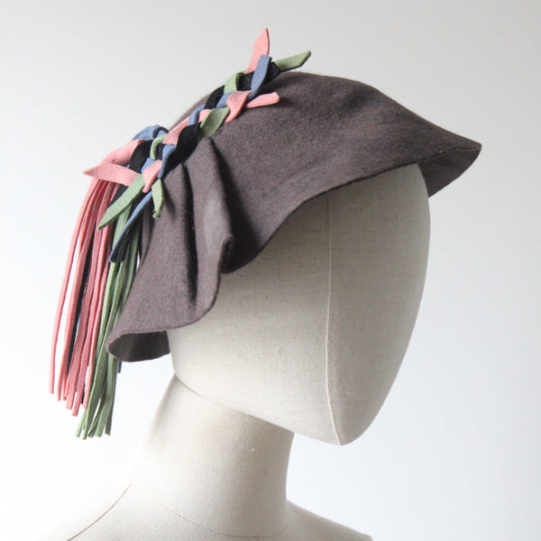 "Pastel Felt" Vintage 1930's Grey Wool Felt & Pastel Tassel Hat