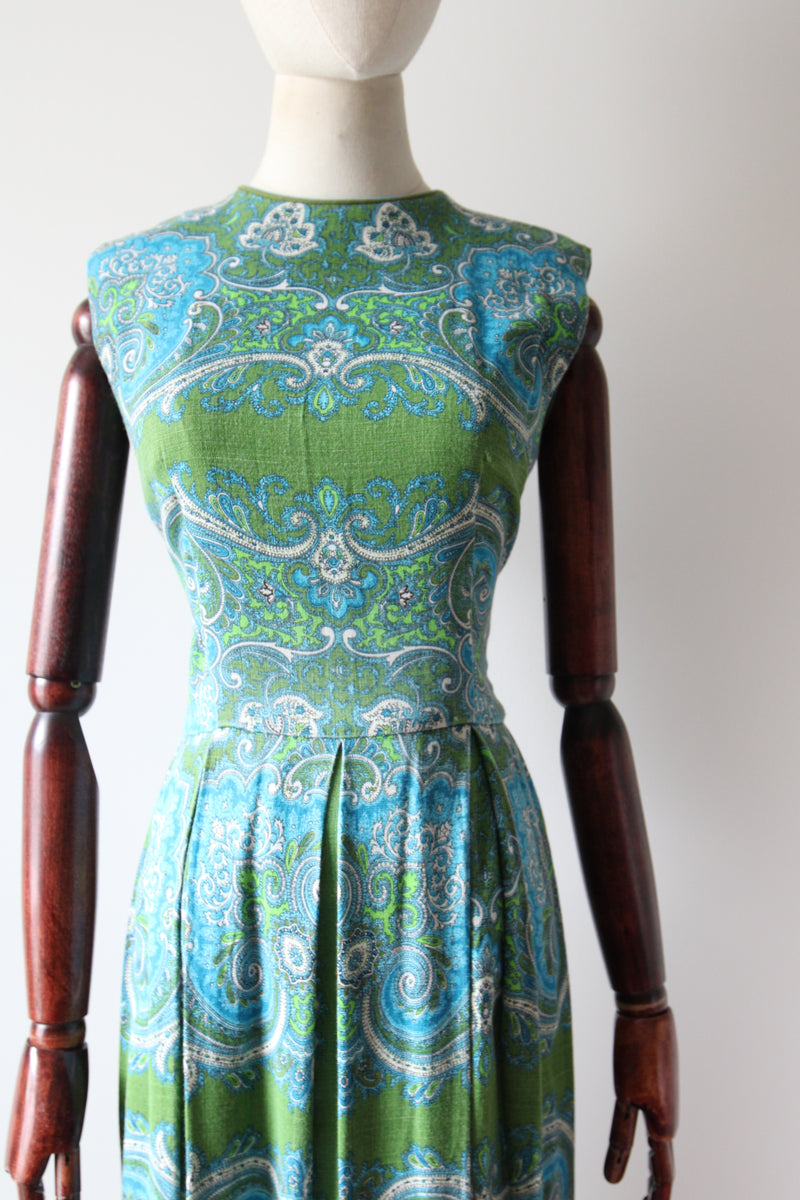 "Aqua Paisley" Vintage 1960's Aqua Paisley Cotton Dress UK 10 US 6