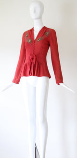"Sequin Rays" Vintage 1930's Crepe Silk Beaded Blouse UK 8 US 4