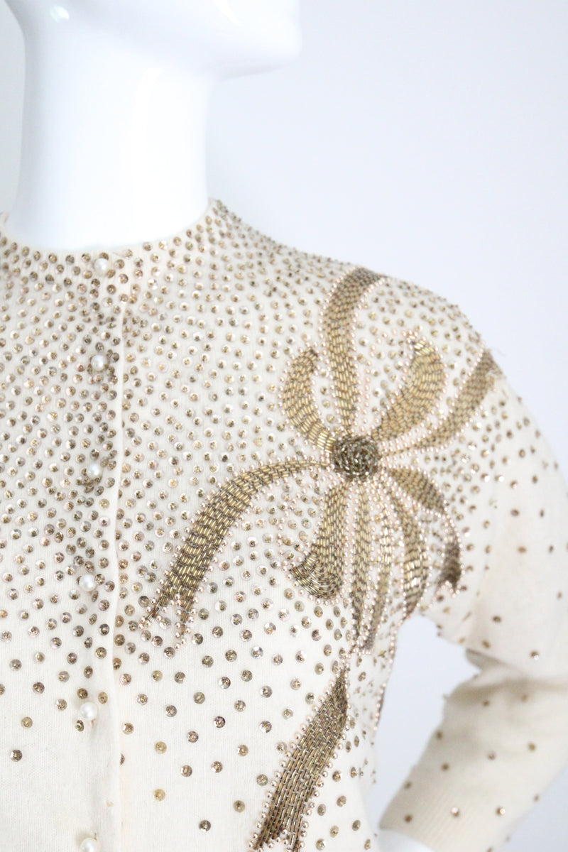 "Golden Bows" Vintage 1950's Cream Bead & Sequin Embellished Cardigan UK 12-14 US 8-10