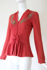 "Sequin Rays" Vintage 1930's Crepe Silk Beaded Blouse UK 8 US 4