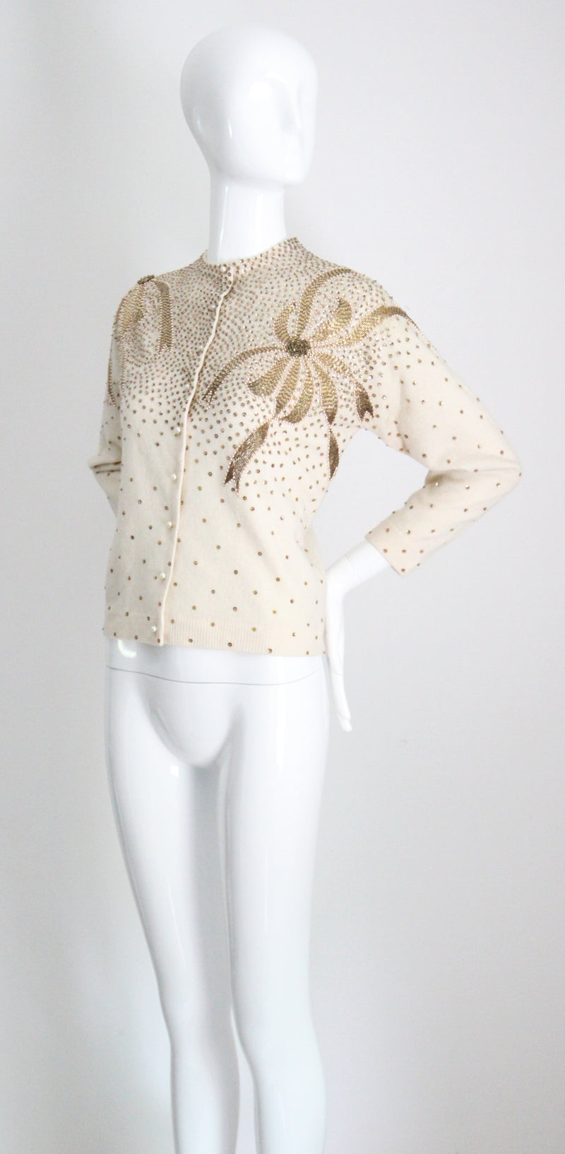 "Golden Bows" Vintage 1950's Cream Bead & Sequin Embellished Cardigan UK 12-14 US 8-10