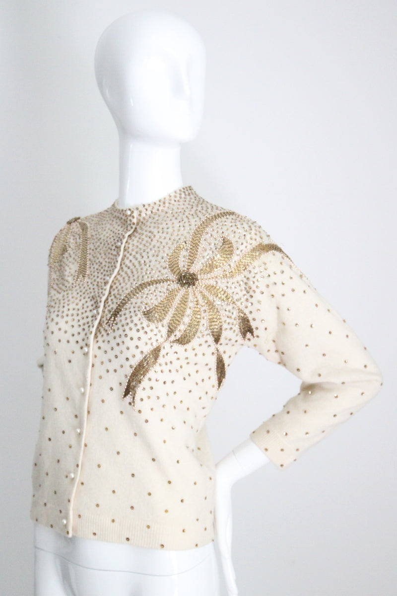 "Golden Bows" Vintage 1950's Cream Bead & Sequin Embellished Cardigan UK 12-14 US 8-10