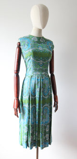 "Aqua Paisley" Vintage 1960's Aqua Paisley Cotton Dress UK 10 US 6