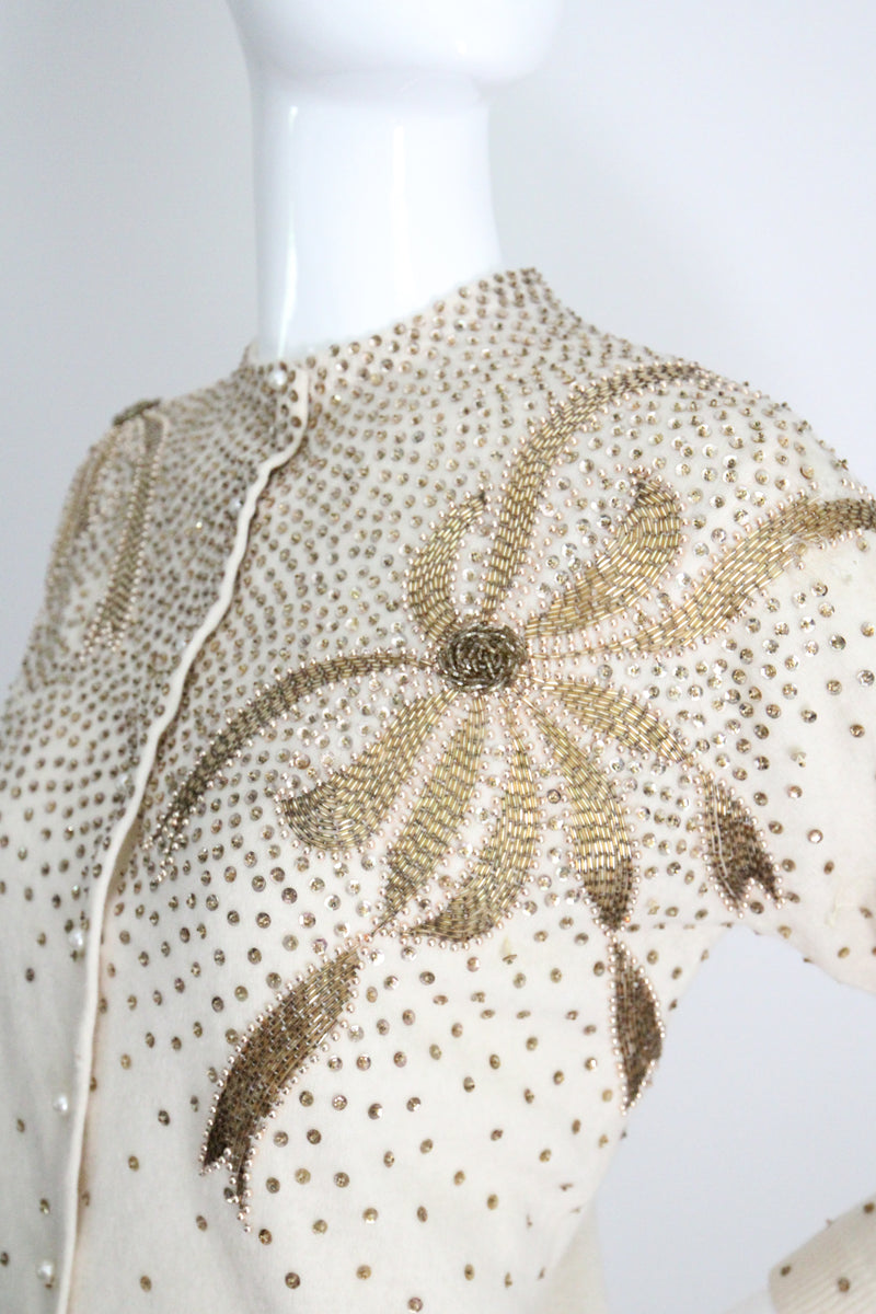 "Golden Bows" Vintage 1950's Cream Bead & Sequin Embellished Cardigan UK 12-14 US 8-10