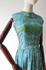 "Aqua Paisley" Vintage 1960's Aqua Paisley Cotton Dress UK 10 US 6