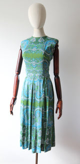 "Aqua Paisley" Vintage 1960's Aqua Paisley Cotton Dress UK 10 US 6