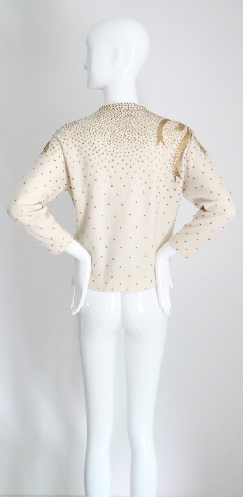 "Golden Bows" Vintage 1950's Cream Bead & Sequin Embellished Cardigan UK 12-14 US 8-10