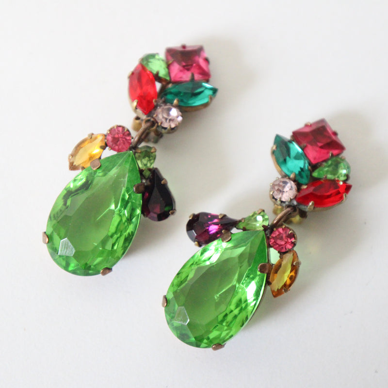 "Jewel Toned Gems" Vintage 1960's Brightly Coloured Jewel Toned Rhinestone Clip on Earrings