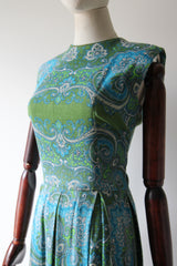 "Aqua Paisley" Vintage 1960's Aqua Paisley Cotton Dress UK 10 US 6