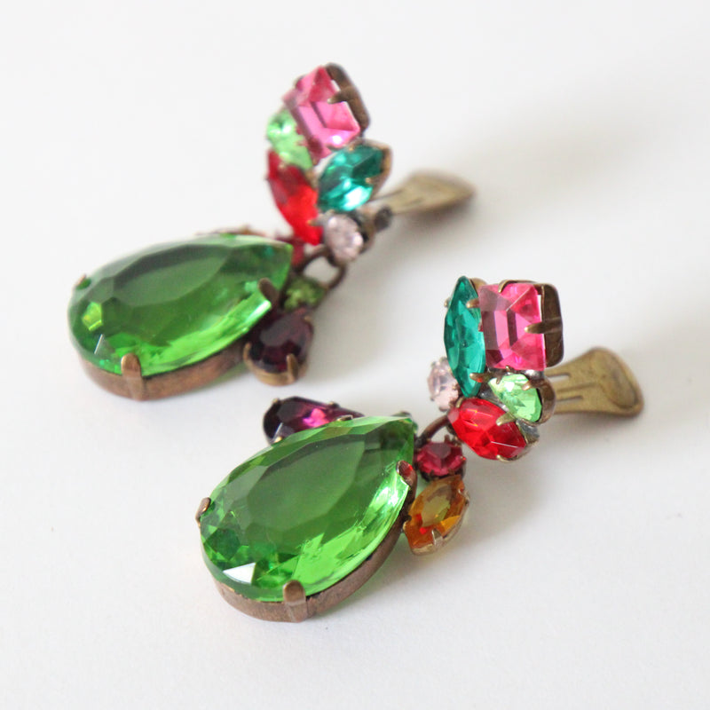 "Jewel Toned Gems" Vintage 1960's Brightly Coloured Jewel Toned Rhinestone Clip on Earrings