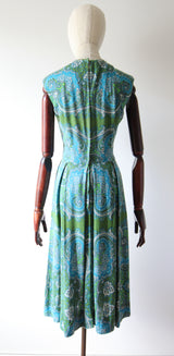 "Aqua Paisley" Vintage 1960's Aqua Paisley Cotton Dress UK 10 US 6