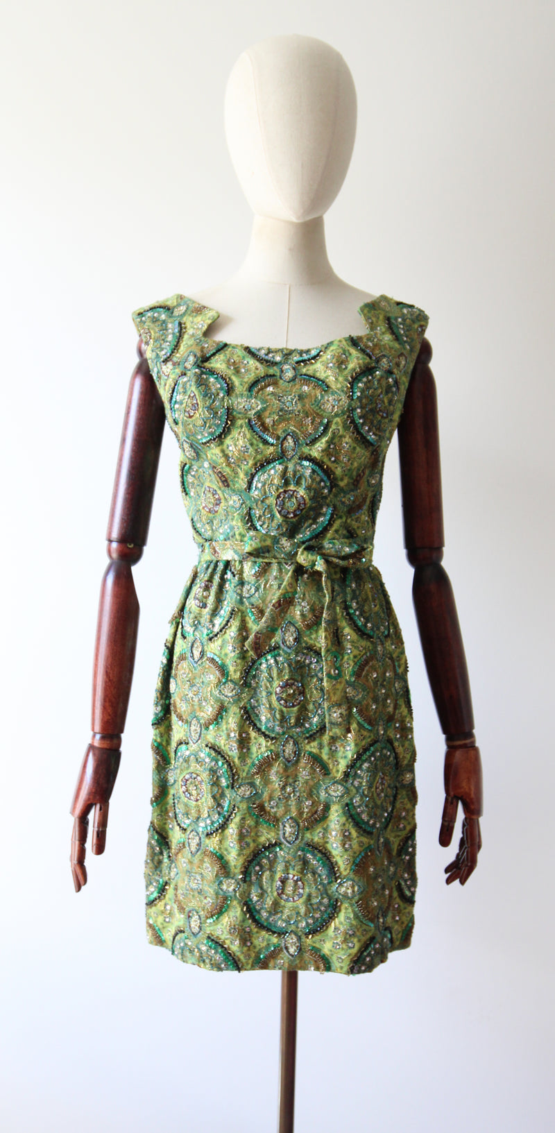 "Peacock Palette" Vintage 1960's Pat Sandler Paisley Silk Brocade Beaded Cocktail Dress UK 6 US 2