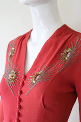 "Sequin Rays" Vintage 1930's Crepe Silk Beaded Blouse UK 8 US 4