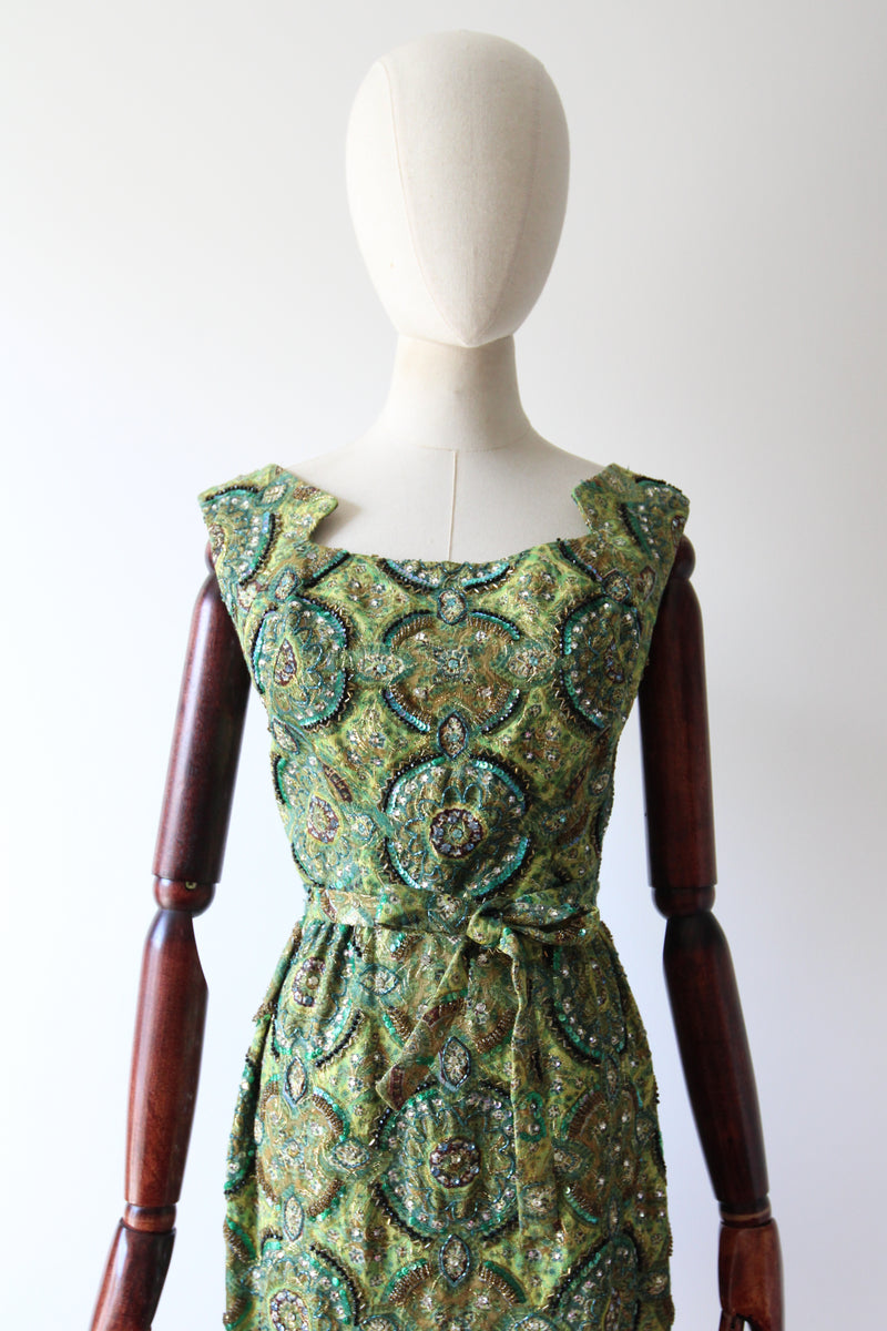 "Peacock Palette" Vintage 1960's Pat Sandler Paisley Silk Brocade Beaded Cocktail Dress UK 6 US 2