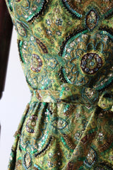 "Peacock Palette" Vintage 1960's Pat Sandler Paisley Silk Brocade Beaded Cocktail Dress UK 6 US 2