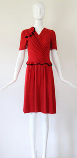 "Velvet Trims" Vintage 1940's Red Crepe & Black Velvet Trim Dress UK 8-10 US 4-6