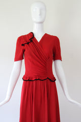 "Velvet Trims" Vintage 1940's Red Crepe & Black Velvet Trim Dress UK 8-10 US 4-6