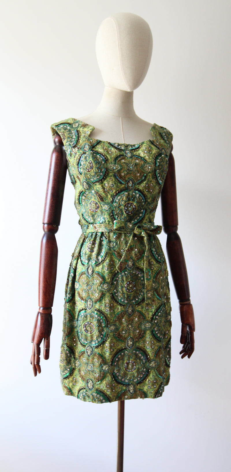 "Peacock Palette" Vintage 1960's Pat Sandler Paisley Silk Brocade Beaded Cocktail Dress UK 6 US 2