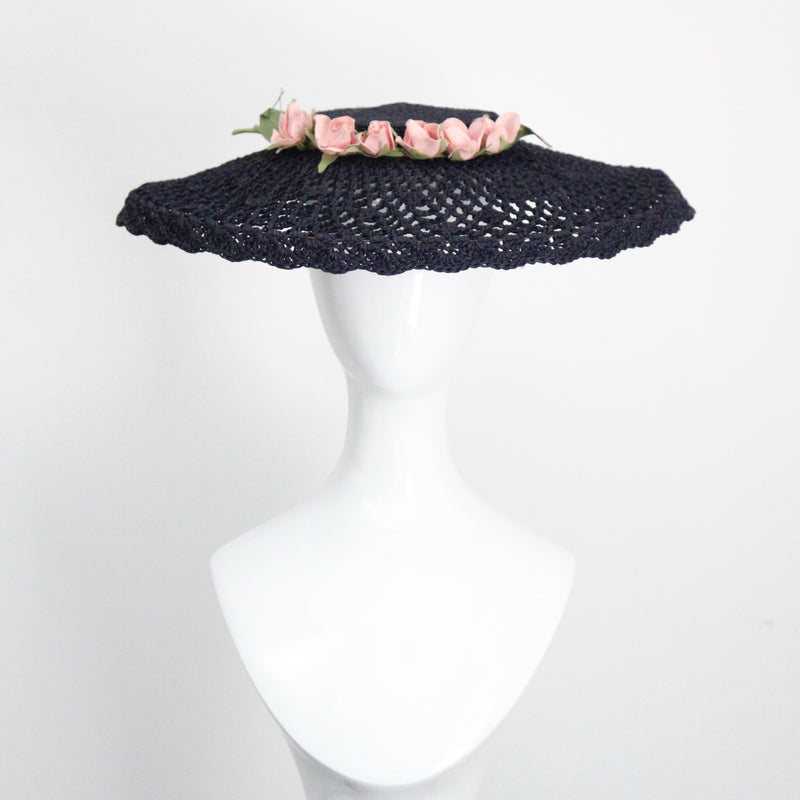 "Navy String & Roses" Vintage 1930's Navy Knotted String & Pink Rose Sun Hat