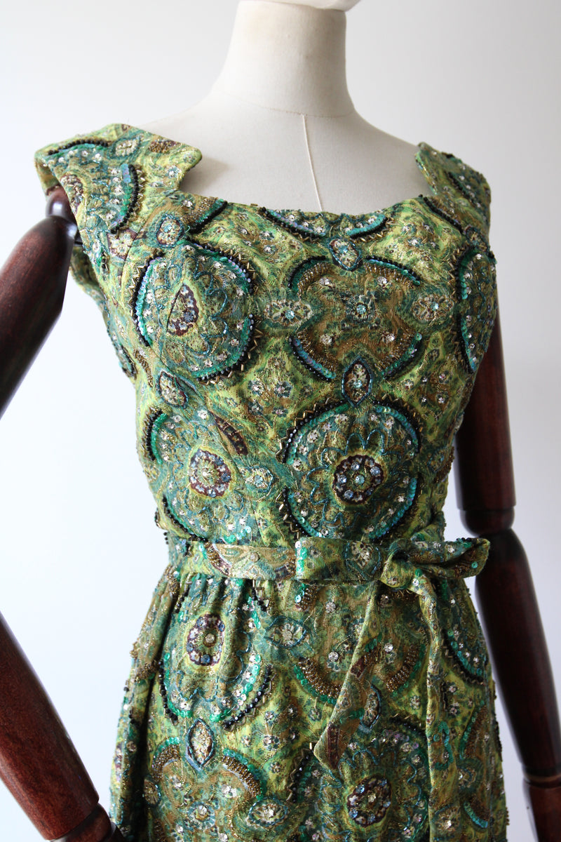 "Peacock Palette" Vintage 1960's Pat Sandler Paisley Silk Brocade Beaded Cocktail Dress UK 6 US 2