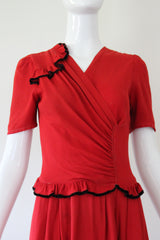 "Velvet Trims" Vintage 1940's Red Crepe & Black Velvet Trim Dress UK 8-10 US 4-6