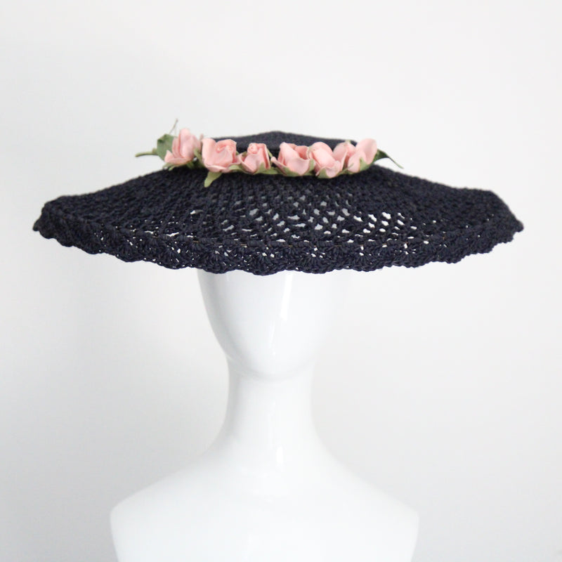 "Navy String & Roses" Vintage 1930's Navy Knotted String & Pink Rose Sun Hat