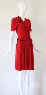 "Velvet Trims" Vintage 1940's Red Crepe & Black Velvet Trim Dress UK 8-10 US 4-6
