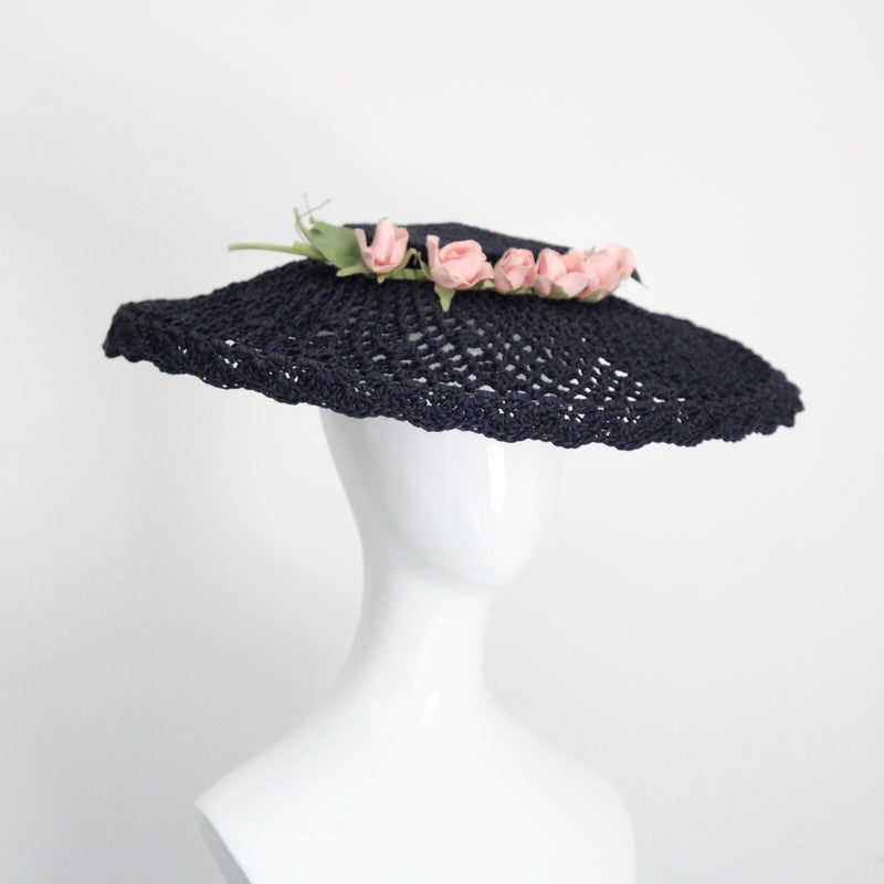 "Navy String & Roses" Vintage 1930's Navy Knotted String & Pink Rose Sun Hat