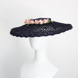 "Navy String & Roses" Vintage 1930's Navy Knotted String & Pink Rose Sun Hat