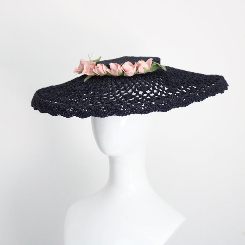 "Navy String & Roses" Vintage 1930's Navy Knotted String & Pink Rose Sun Hat