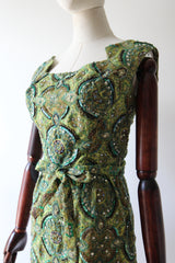 "Peacock Palette" Vintage 1960's Pat Sandler Paisley Silk Brocade Beaded Cocktail Dress UK 6 US 2