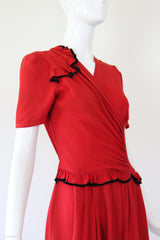 "Velvet Trims" Vintage 1940's Red Crepe & Black Velvet Trim Dress UK 8-10 US 4-6