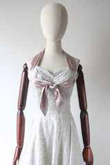 "Silver Leaves & Satin" Vintage 1950's Silver & Lilac Halter Neck Evening Gown UK 10-12 US 6-8