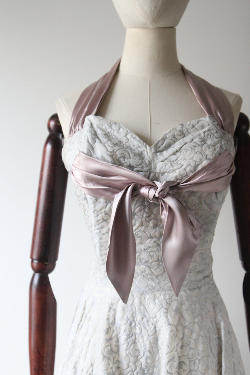 "Silver Leaves & Satin" Vintage 1950's Silver & Lilac Halter Neck Evening Gown UK 10-12 US 6-8