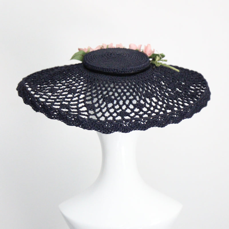 "Navy String & Roses" Vintage 1930's Navy Knotted String & Pink Rose Sun Hat