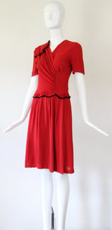 "Velvet Trims" Vintage 1940's Red Crepe & Black Velvet Trim Dress UK 8-10 US 4-6