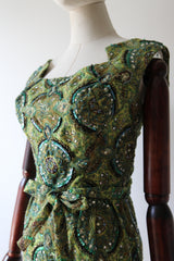 "Peacock Palette" Vintage 1960's Pat Sandler Paisley Silk Brocade Beaded Cocktail Dress UK 6 US 2