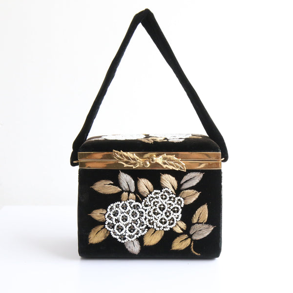 "Metallic Florals" Vintage 1950's Black Velvet Embroidered Box Bag