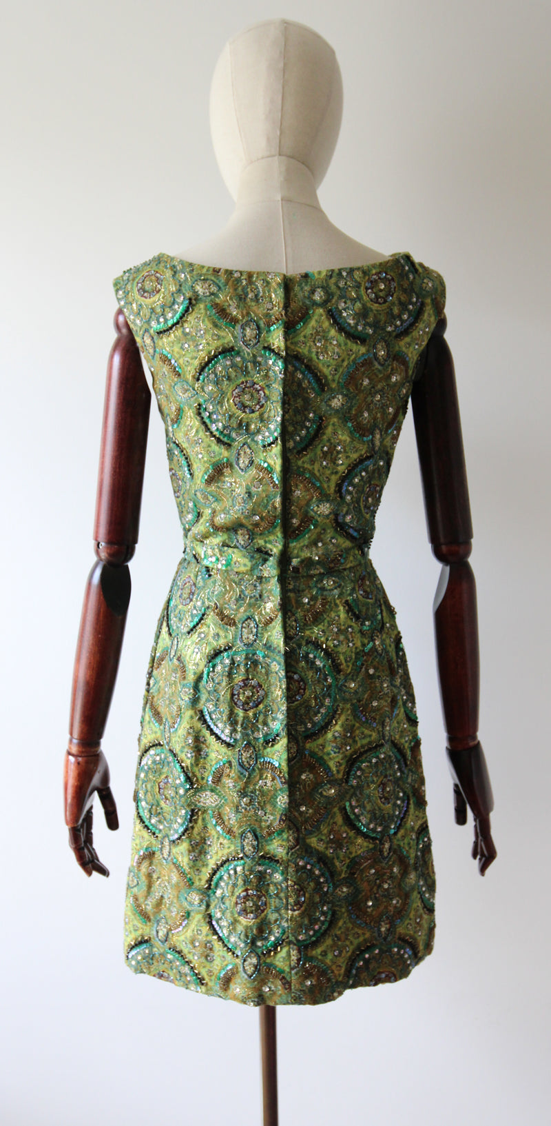 "Peacock Palette" Vintage 1960's Pat Sandler Paisley Silk Brocade Beaded Cocktail Dress UK 6 US 2