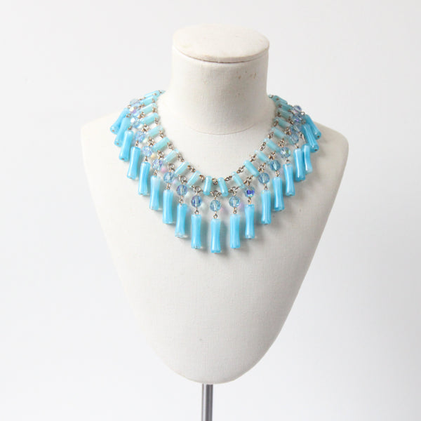 "Aqua Pressed Glass" Vintage 1950's Aqua Blue Glass Beaded Necklace